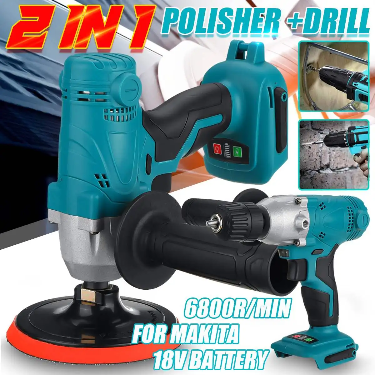 

2 IN 1 Cordless Electric Polishing Machine Drill/ Driver Kit 6800rpm Car Polisher Accessories For Makita 18V Battery