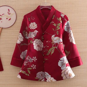 Women Tops Autumn Peony Magpie Jacquard Vintage Short Coat Tops Mandarin Collar 3/4 Sleeve Lady Casual Jacket Female S-XXL
