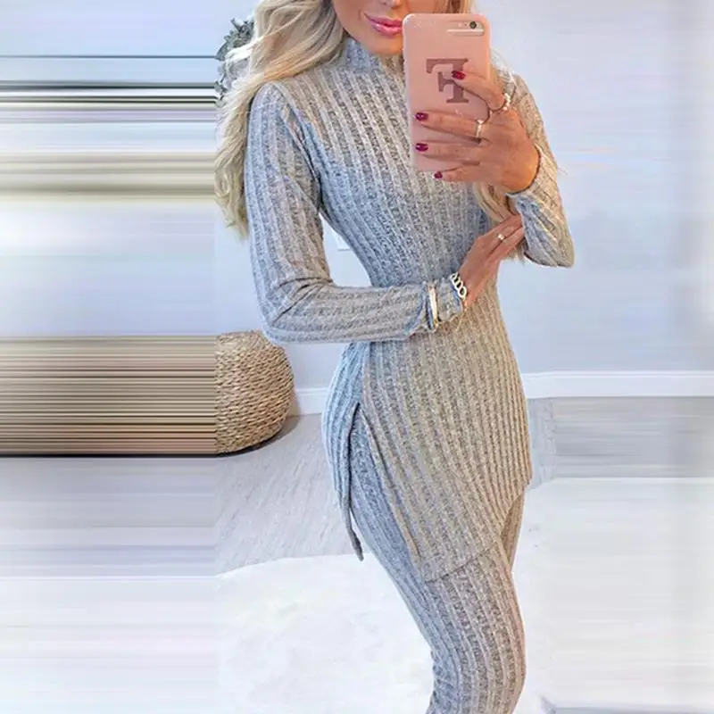 

Autumn Winter 2 Piece Set Women's Knitted Tracksuit Slit Long Tops And Bodycon Female Pants Sets Womens Outfits