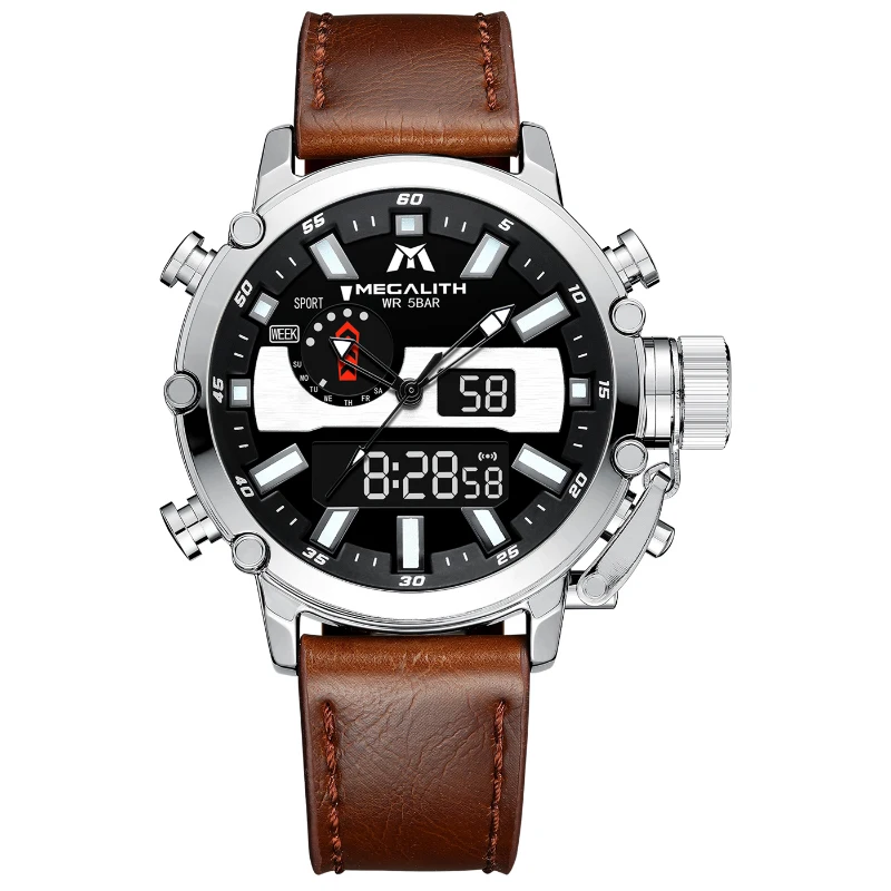 

MEGALITH Sport Digital Gents Watch Man Chronograph Waterproof Quartz Wrist Watches for Man Leather Strap Clock Boys Kids 8229M
