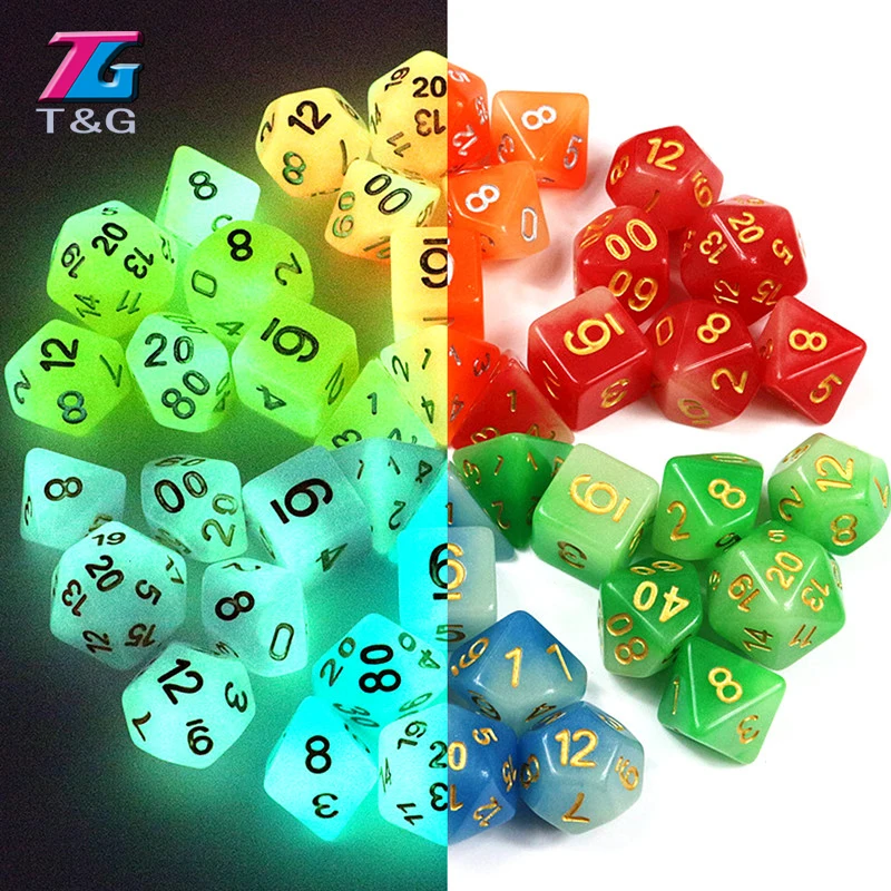 Микс-цвет 7 шт./лот светится в темноте RPG кости для DnD D4 d6 d8 d10 % d12 d20 фиолетовый синий