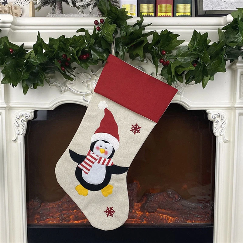 

Christmas Stocking Sack With Snowman Santa Elk Penguin Printing Xmas Gift Kids Candy Pocket For Christmas Tree Ornaments