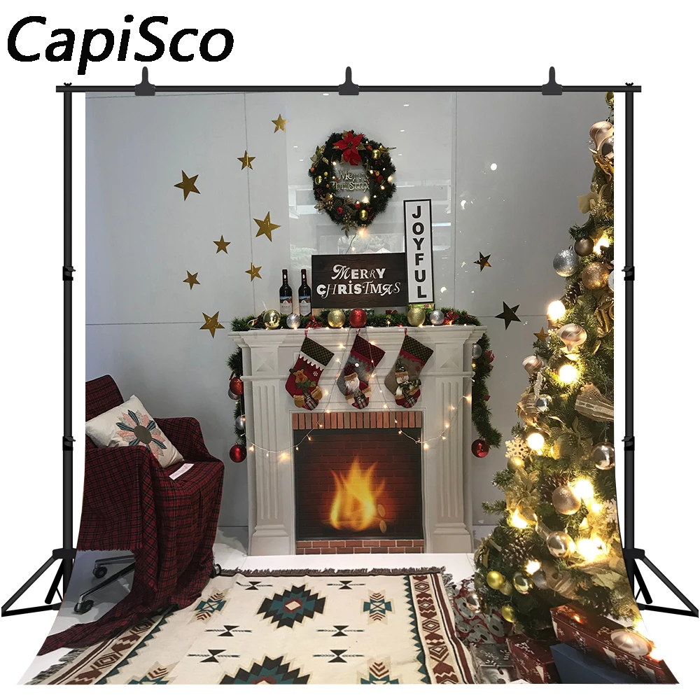 

Capisco Photography Background Christmas Decoration Tree Fireplace carpet merry christmas Backdrops for Photo Studio props