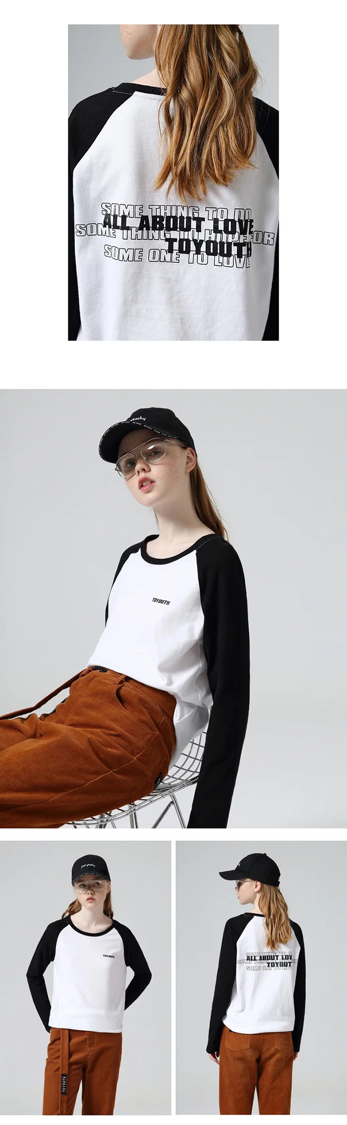 Toyouth/осенние хлопковые футболки хит цвета с буквенным принтом, Женские базовые Топы с длинным рукавом, Лоскутная черная футболка Femme