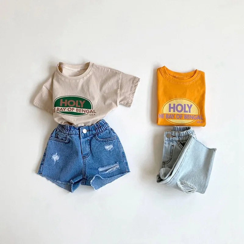 Camiseta holgada de algod&oacute;n con letras para ni&ntilde;os y ni&ntilde;as, ropa de ocio de manga corta, E100284, verano, 2021-1
