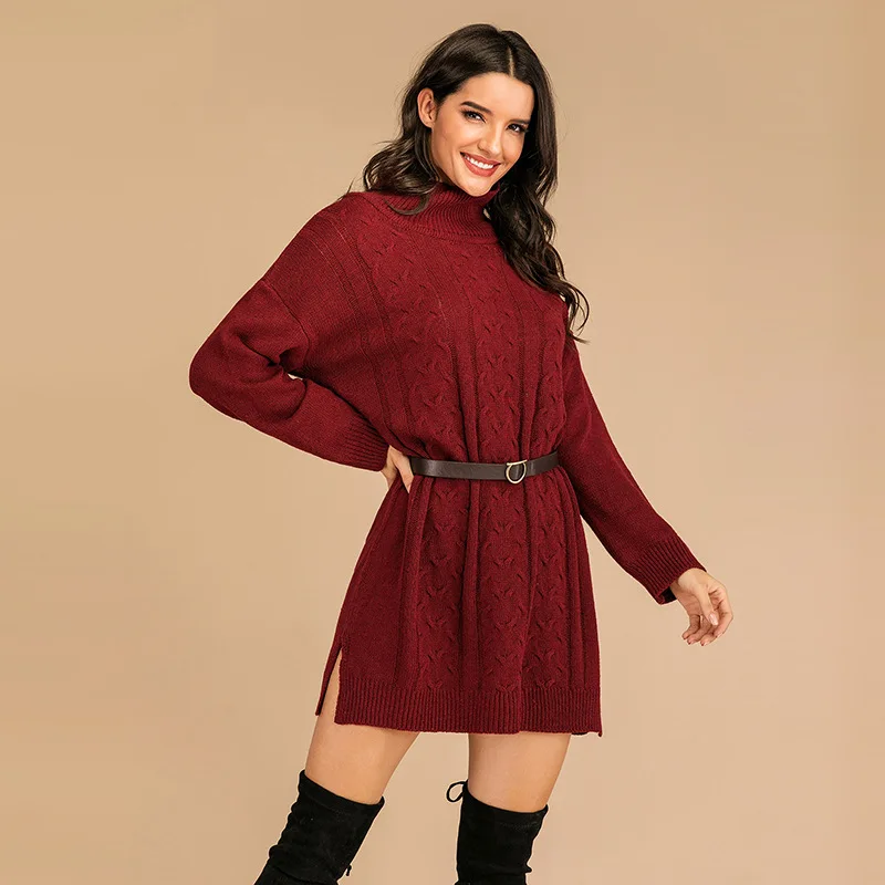 

6222# Knitted Solid Color Linen Long Sleeve Pullover High Neck Wool Dress For Women's Autumn New 2021