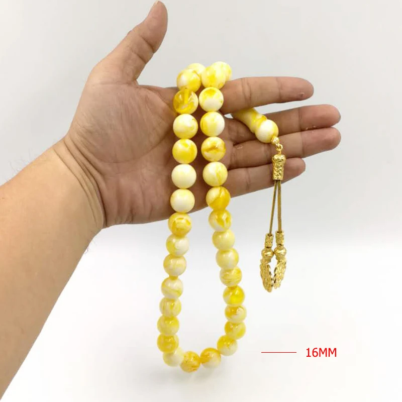 Турецкий Дизайн ambers большой Tasbih 33 смолы бусины желтый цвет tesbih металлические кисточки высокого качества ислам браслеты мусульманские четки