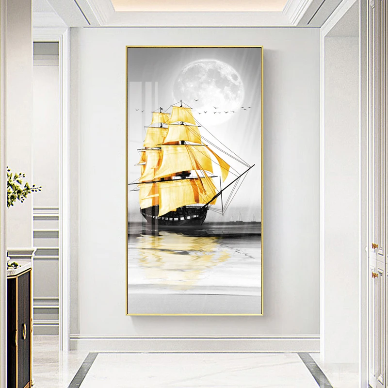 

Golden Sailboat In The Ocean Canvas Print Posters and Prints Moon Seascape Scenery Wall Art Pictures for Aisle Office Decoration