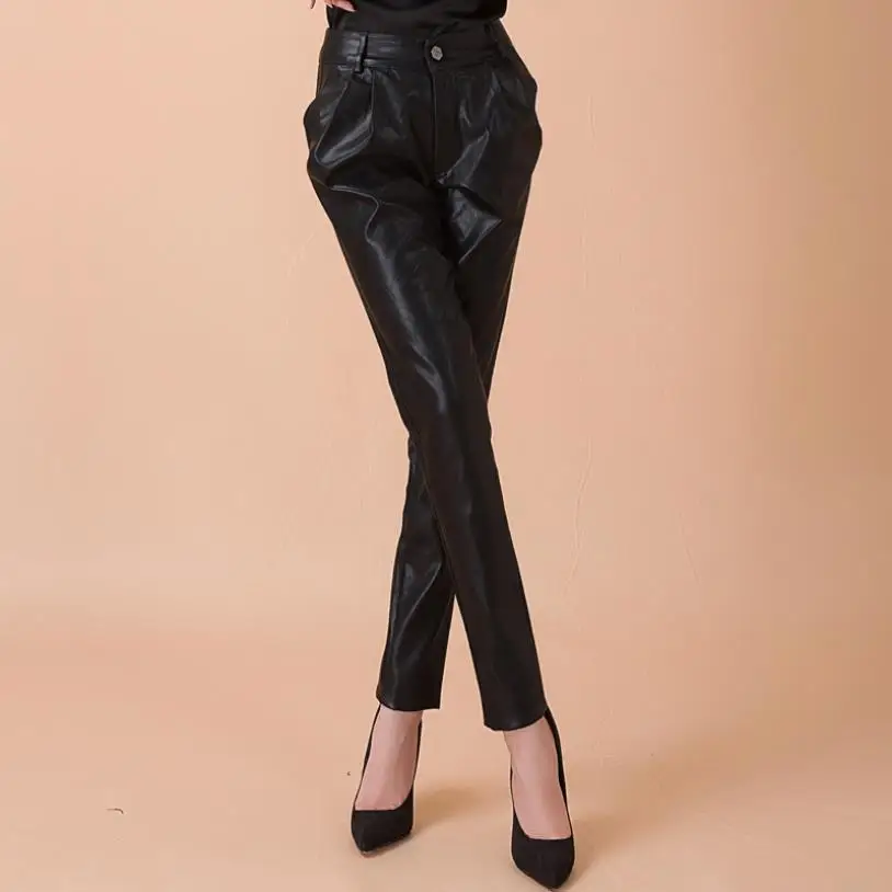 

5XL plus модные брендовые стильные штаны из искусственной кожи на зиму осень весну женские высококачественные тонкие брюки-карандаш wq781 Прямая...