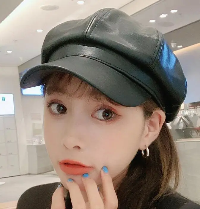 Vintage PU Leather Octagonal Hat Fashion Warm Cap Literary Style Beret