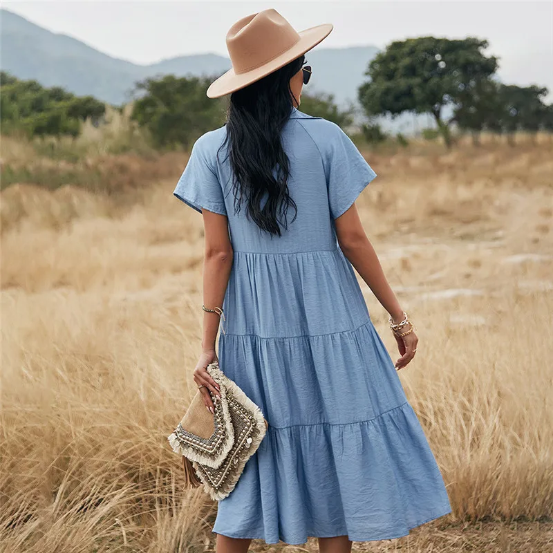 

Casual V-Neck Button Summer Dress Ladies New Short Sleeve Ruffle Blue Elegant Boho Beach Dresses For Women Loose Midi Party Robe