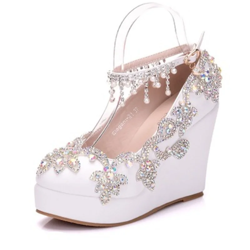 2019 г. женские классические модные тонкие туфли на танкетке украшенные стразами с