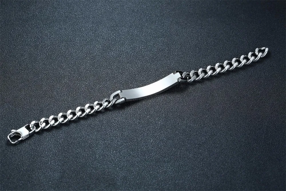 Серебряный тон, кубинская ссылка, ID тег, браслет для мужчин, нержавеющая сталь, гравировка, персонализированное вдохновение, браслеты, мужские ювелирные изделия