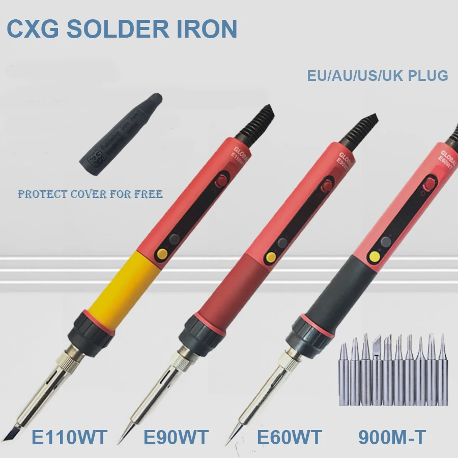 Бесплатная доставка CXG E60w/90w/110w ЖК-температурный цифровой светодиодный регулируемый электрический паяльник с европейской вилкой + 10 шт. сварочных насадок + крышка.