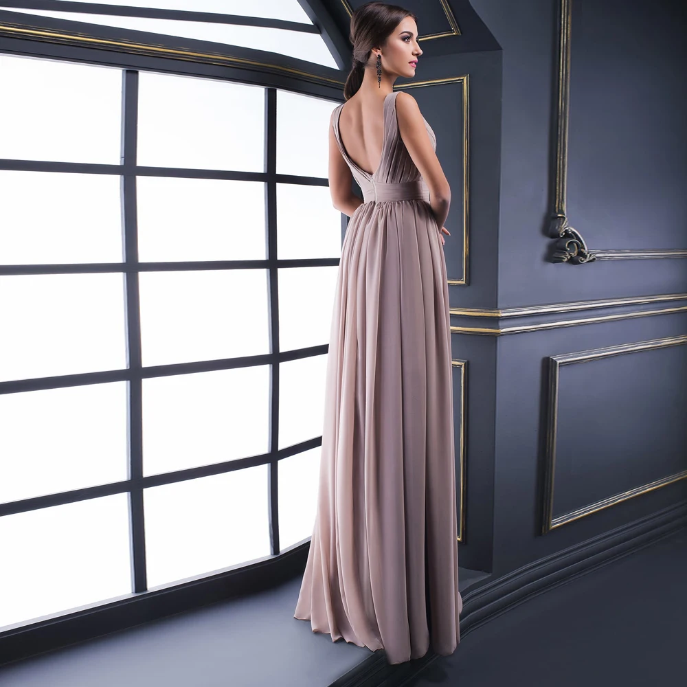 

Vestidos Elegant Evening Dresses Chiffon Pleat V-Neck Sleeveless Zipper A-Line Gowns