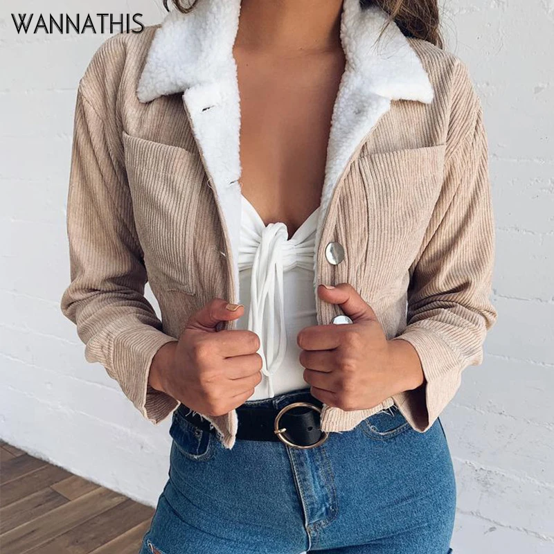 WannaThis пушистое пальто Женская хлопковая куртка с длинными рукавами женская теплая верхняя одежда Карманный отложной воротник пуговица вязаный кардиган пальто