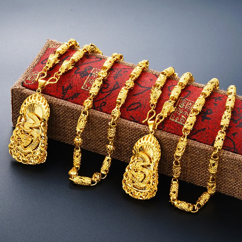 

MHXFC Wholesale European Fashion Man Male Party Wedding Gift Vintage Dragon Cylinder Beads Real 18KT Gold Pendant Necklace NL174