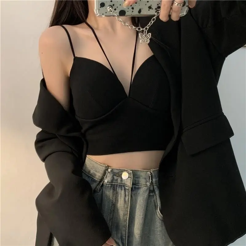 

Solid halterneck camisole women's cropped tops 2021 summer new Korean fashion inside outside wear beautiful back umbilical tops