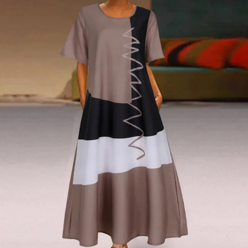 

Women Casual Loose O-neck Dress Daily Comfortable Short Sleeve Vintage Patchwork Bohemian Striped print Maxi Dress Plus Size 5XL