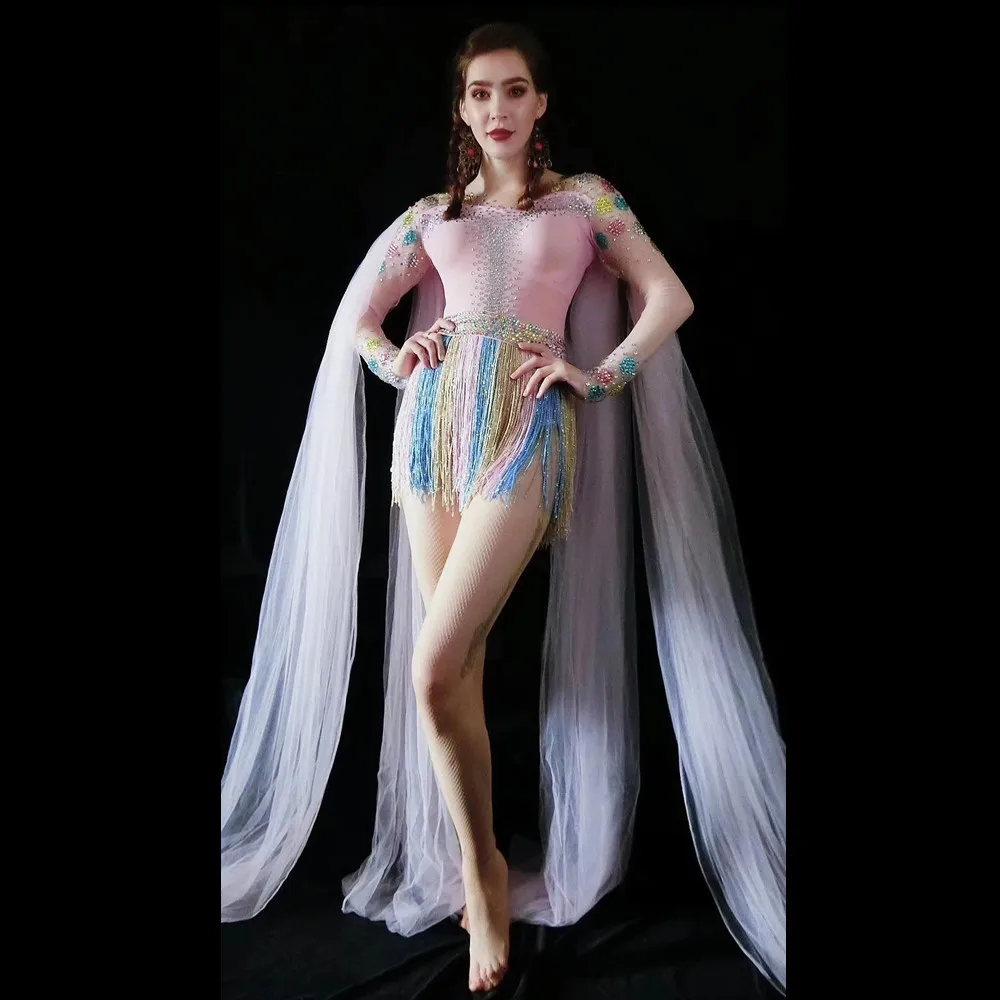 Fashion Mesh See Through Party Celebration Stage Performance Costumes Trailing Rhinestone Tassel Dancer Bodysuit Showgirl Outfit
