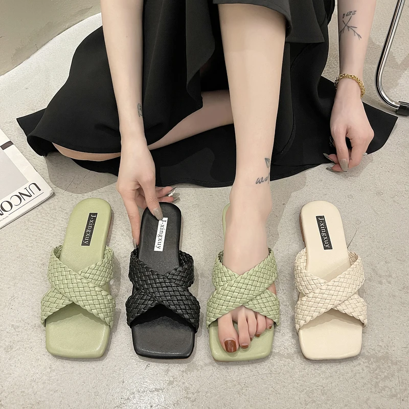 

Shoes Woman's Slippers Slides Shale Female Beach Low Fashion 2021 Sabot Soft Flat Luxury Rubber Fabric Rome PU Flat Shoes Female