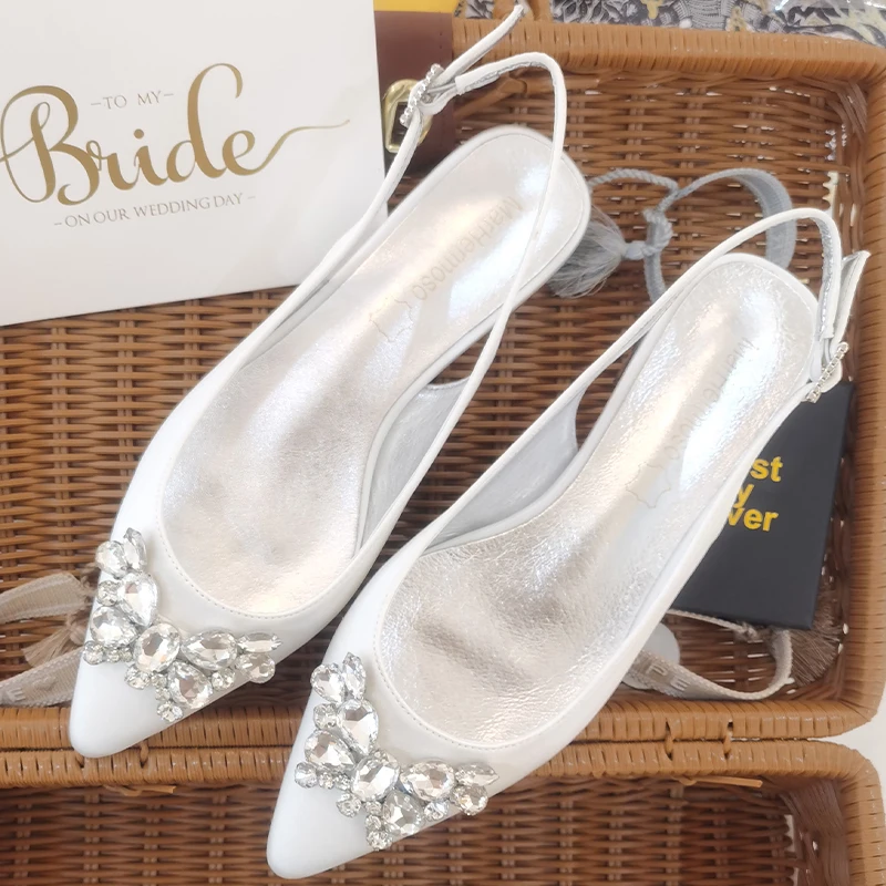 Zapatos de fiesta para mujer, calzado de satén con cristales, puntiagudos, planos, informales, blancos, gran oferta