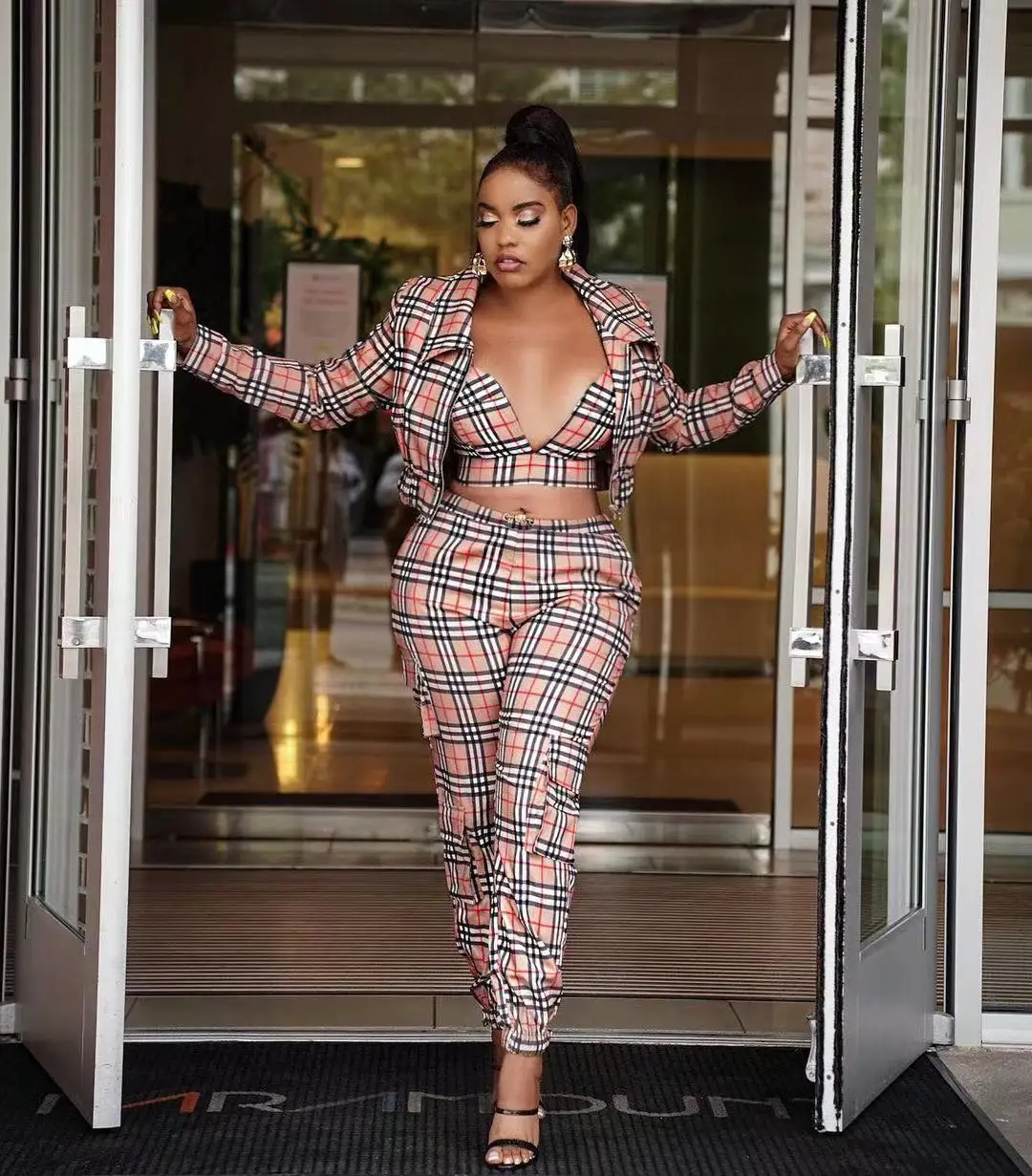 

Plus Size 3 Piece Set Women Sling Corset + Crop Top + Trousers Fall Clothes For Women Fashion Sexy Plaid Short Jacket Pant Suits