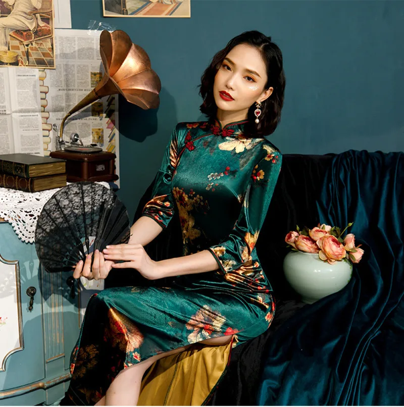 L-5XL, женские осенние велюровые платья Cheongsam, плюс размер, бархатное позолоченное традиционное китайское платье, Зеленое Длинное Qipao