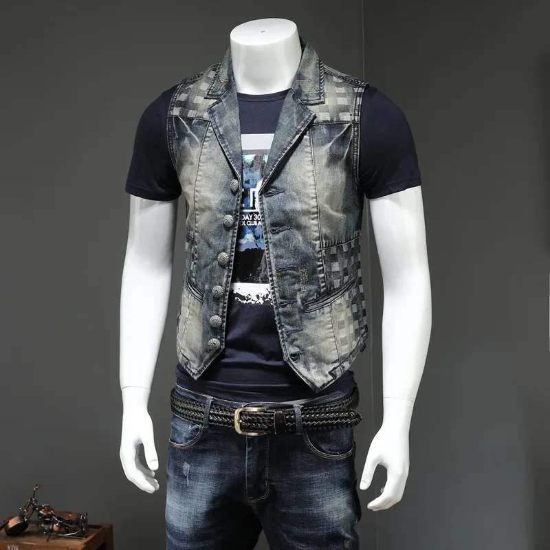 

Vintage Jean Jacket Mens Single Breasted Denim Vest Jeans Waistcoat England Style Brand Cowboy Embroidery Sleeveless Jacket 3XL
