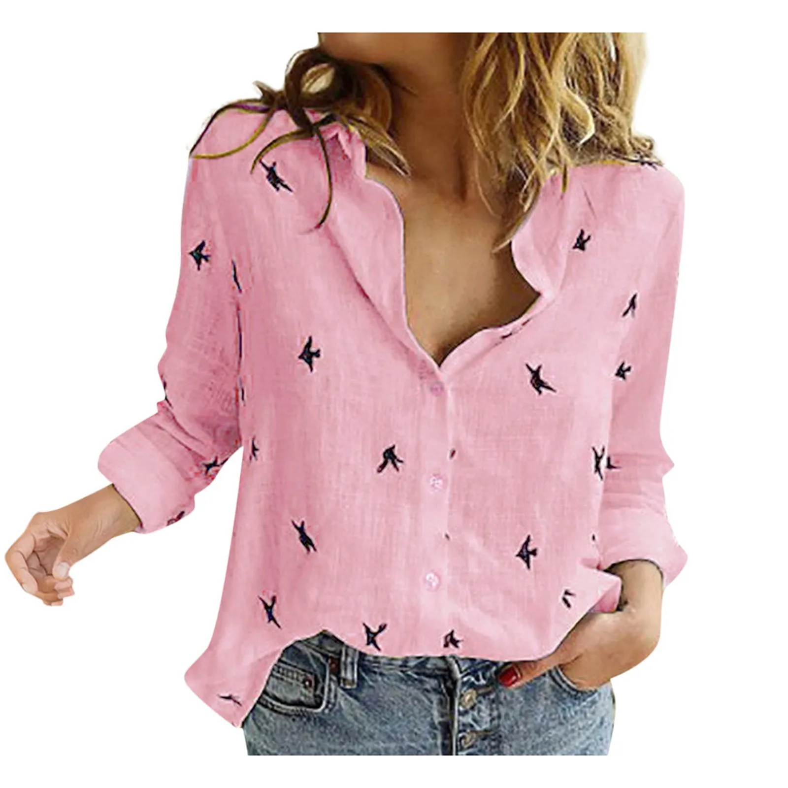 

Plus Size Womens Tops And Blouses Women's Fashion Loose Printed Cotton Linen Lapel Long Sleeve Tops Blusas Mujer De Moda 2021
