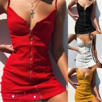 short dress ladies womens strappy v neck summer mini dress zip up bodycon