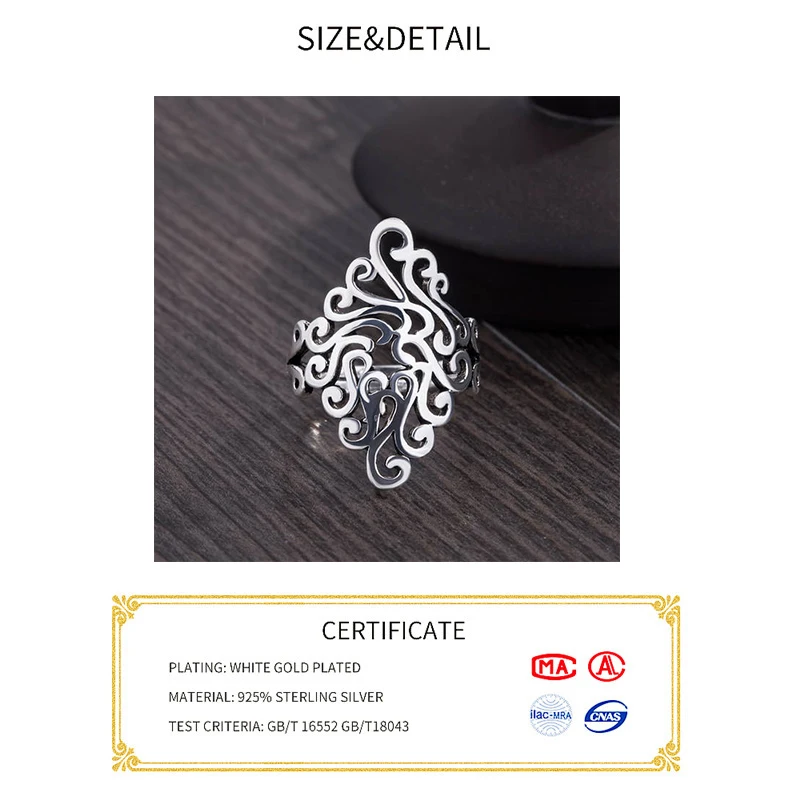 Bijoux 925 Sterling Silver Large Flower Rings for Women Gift Ladies Adjustable Size Antique Ring Joyas De Plata Anillos | Украшения и