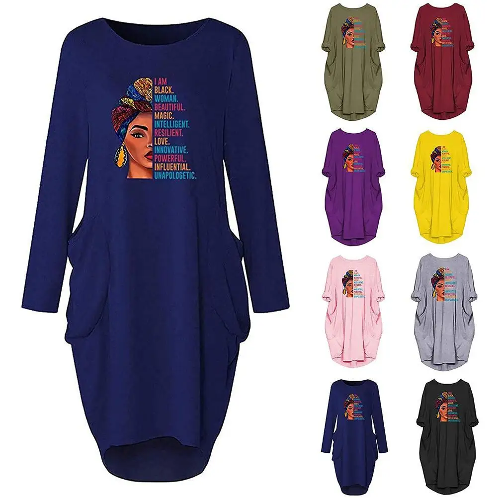 

Plus Size Loose Dress Women Summer Vintage Midi Dress Print With Pocket Long Sleeve O Neck Party Dress Vestidos Femme Robe