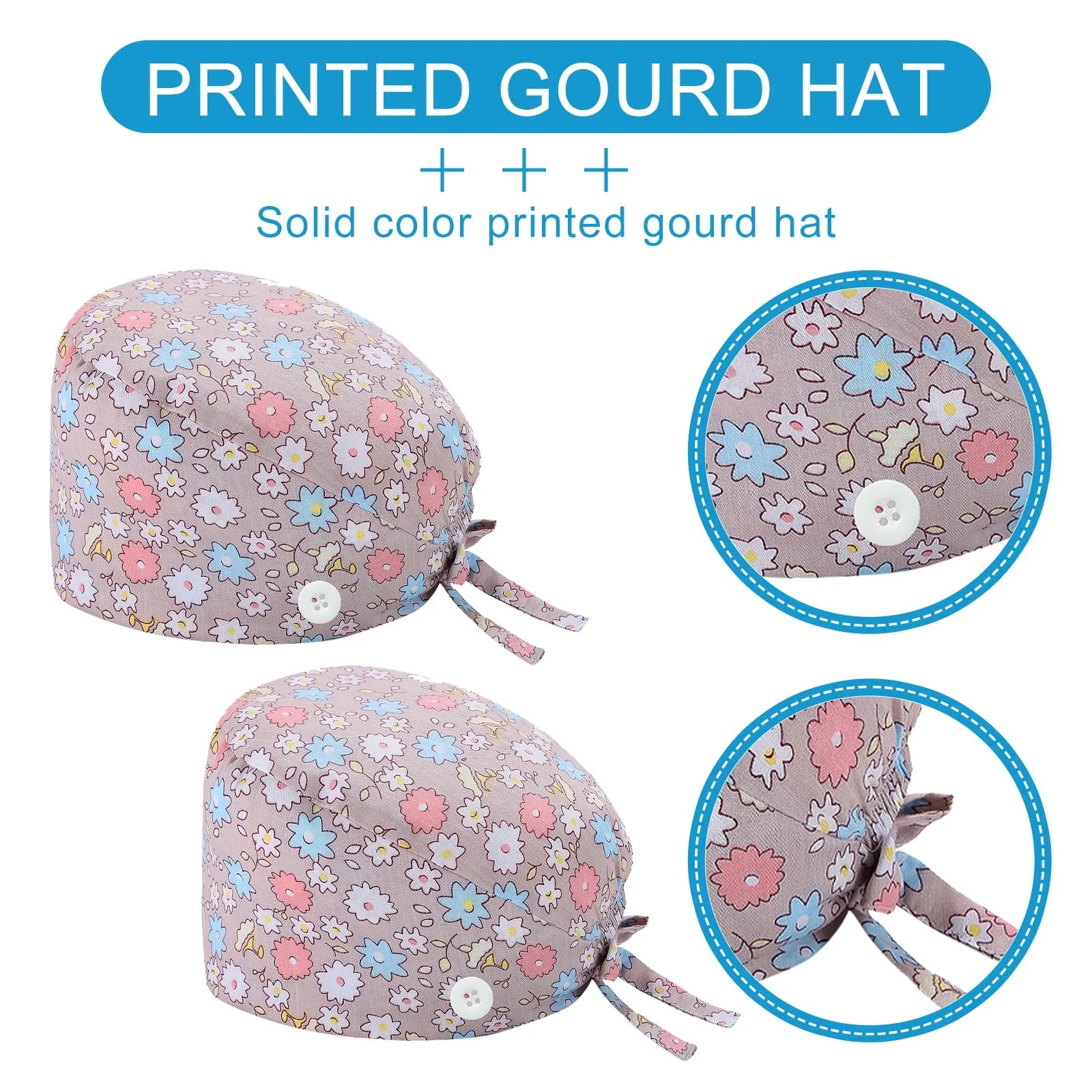 

Unisex Sweatband 2pc Floral Print Cotton Strap Adjustable Gourd Cap Beautician Dust Proof Work Cap Button Bouffant Beanies