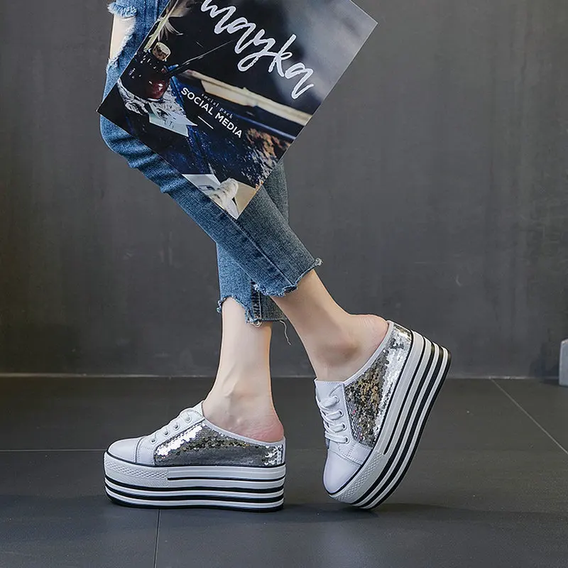 Модные женские кроссовки Tleni 2019 с блестками дышащие полутапочки baotou обувь для