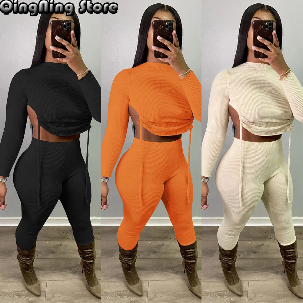 

Ribbed Knitted Women 2 Piece Long Pant Tracksuit Ruched Drawstring Backless Crop Top and Stretchy Bodycon Trouser Party Clubwear