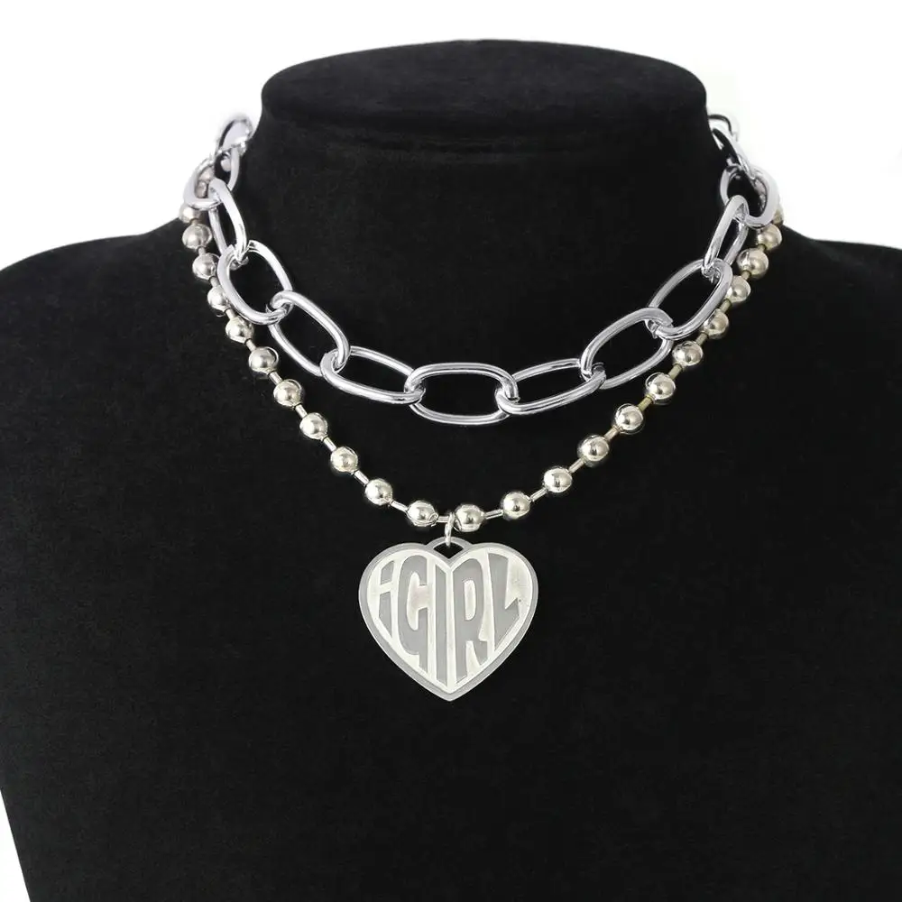 

SHIXIN Hip Hop Layered Chunky Choker Colar Beads Chain With Love Heart Pendant Necklace for Women/Men Punk Short Necklaces Egirl