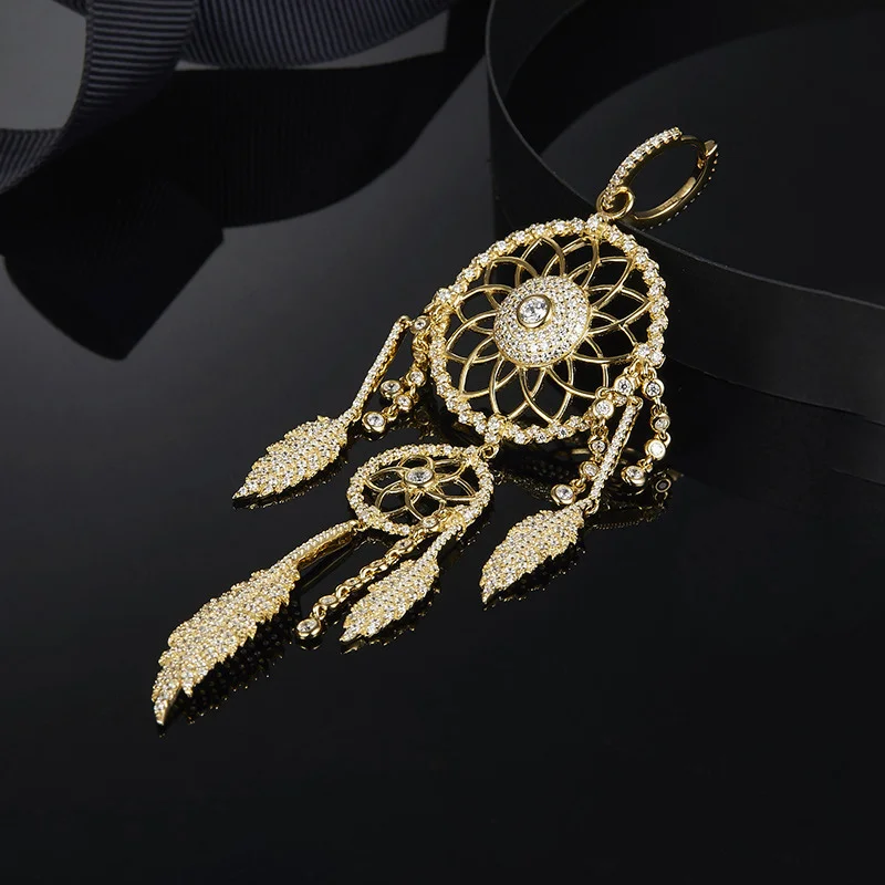 1 PC Gold Роскошные Длинные Золотые Серьги Ловец снов, перьевые подвески, бохо серьги «Ловец снов», гипербола, CZ камень, серебряные большие серьги - Окраска металла: 1 PC Gold