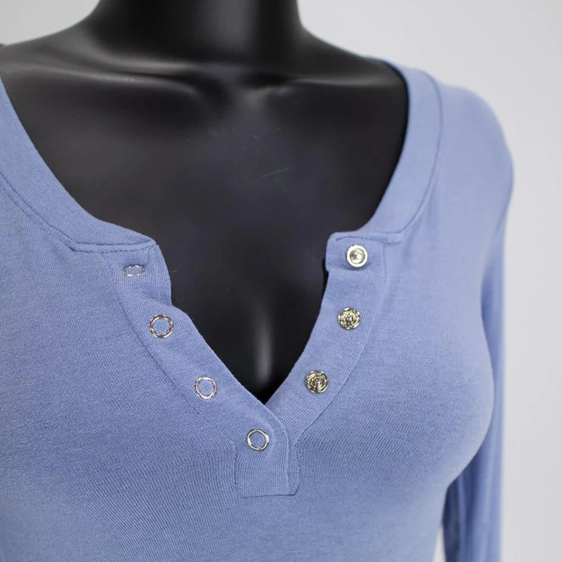 

Shintimes Button V-Neck Spring Fall Short T-Shirt Women Tops Long Sleeve Thin Tshirt Sexy Club High Elasticity Tee Shirt Femme