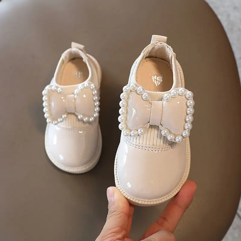 Zapatos de suela blanda para ni&ntilde;os y ni&ntilde;as, zapatillas de princesa con lazo y perlas, de cuero PU, para primavera y oto&ntilde;o-4
