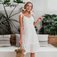 simplee casual white women summer beach dress bow knot spaghetti embroidery female midi dress backless holiday dress vestidos