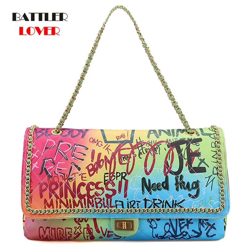 

Women Graffiti Brand Shoulder Bags Colorful Letters Design Handbags For Female 2021 Chains Crossbody Flap Ladies Luxury Satchels