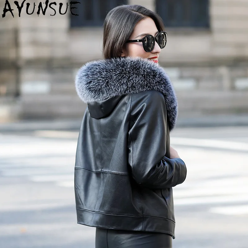 AYUSNUE женская кожаная куртка с воротником из лисьего меха осенне зимние пуховики