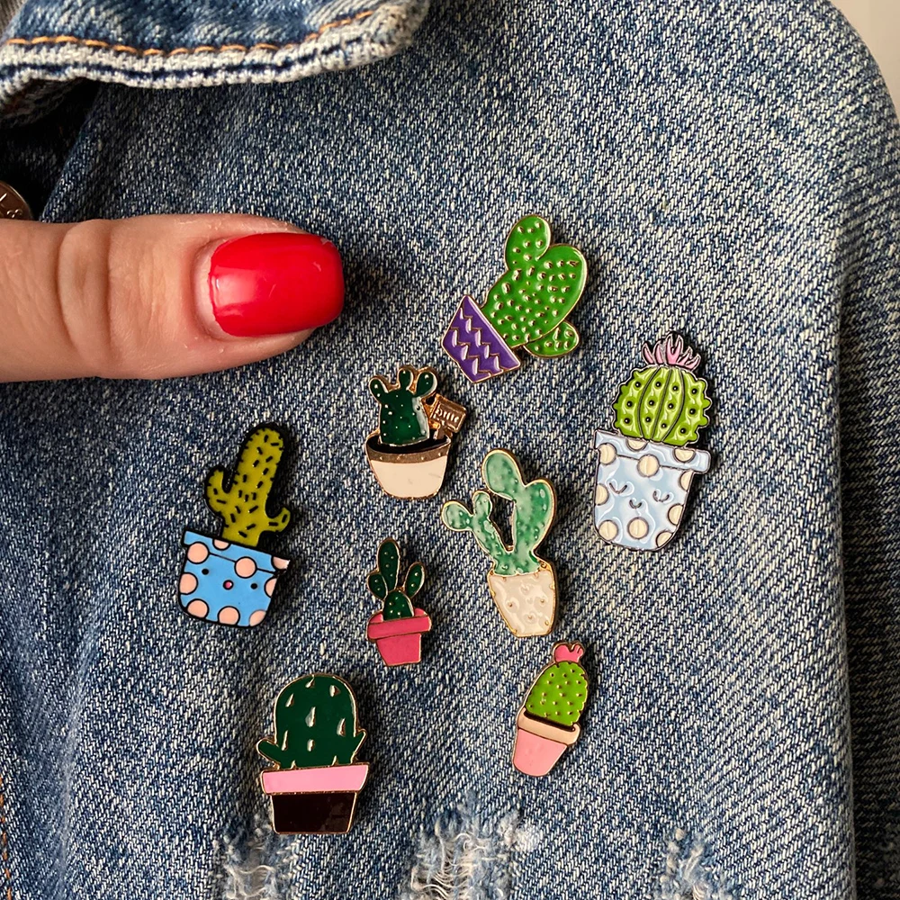 

Potted Plant Enamel Pins Custom Cactus Aloe Brooches Lapel Pin Shirt Bag Catoon Badge Natural Costume Jewelry Gift Kids Friends