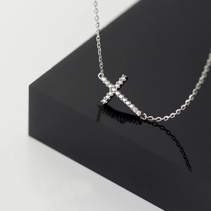 

100% Real 925 Sterling Silver Sideways Cross Choker Necklaces Dainty Zircon Cross Chokers for Women Birthday Christmas Gifts