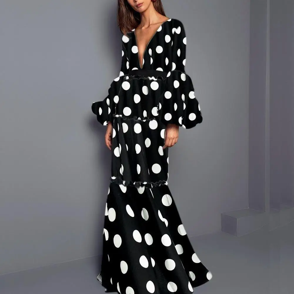Женское платье макси в горошек глубокий v образный вырез сексуальное рукав