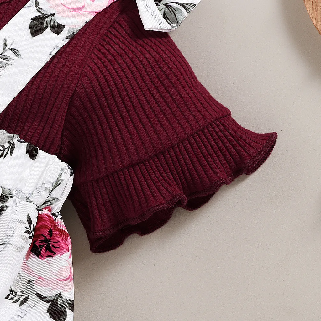 

Toddler Baby Girls Flare Sleeve Solid Tops+Suspender Floral Print Shorts Outfits