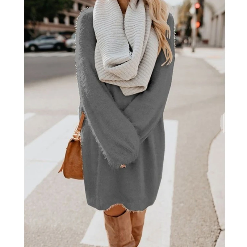 Женский Длинный пуловер CINESSD Однотонный свитер с круглым вырезом и длинным