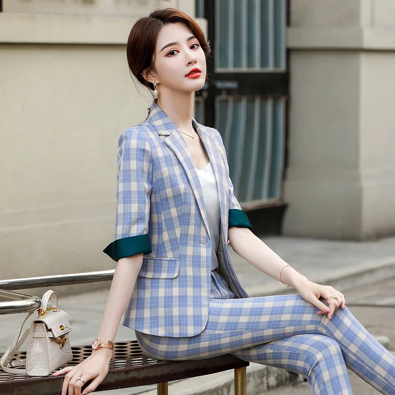 High Quality Fabric Elegant Plaid Formal Uniform Designs Pantsuits Women Business Work Wear Professional Blazers Trousers Sets | Женская