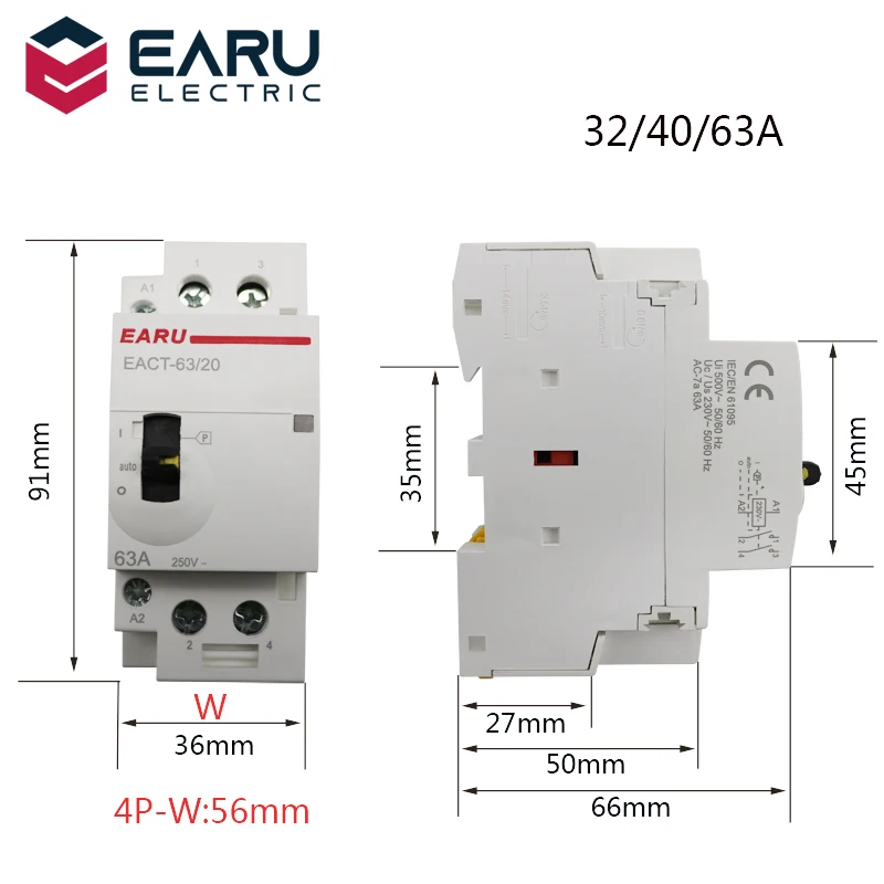 2P 4P 16A 25A 32A 40A 63A 220V 50/60Hz Din Rail Household AC Modular Contactor With Manual Control Handle Switch NO NC 2NO 2NC |